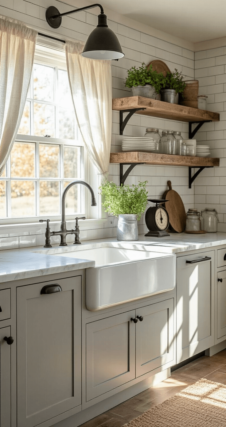 Light Gray Kitchen Cabinets: The Ultimate Modern Design Guide A cozy farmhouse-style kitchen with light gray shaker cabinets, a white marble farmhouse sink, and a subway tile backsplash, featuring reclaimed wood open shelving and matte black fixtures. Late afternoon light casts dramatic shadows on honed granite counters adorned with mason jars, vintage scales, and fresh herbs in galvanized planters.