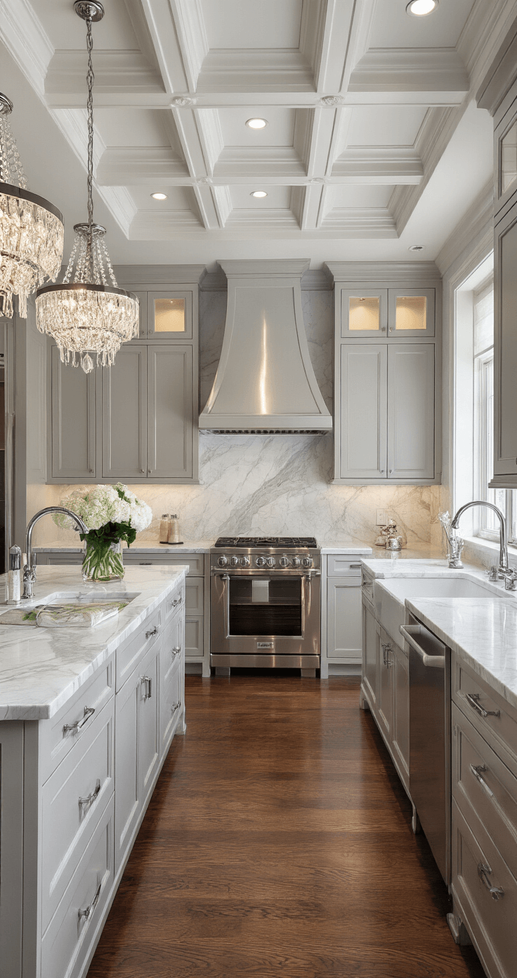 Light Gray Kitchen Cabinets: The Ultimate Modern Design Guide Luxury kitchen featuring light gray flat-panel cabinets, Calacatta marble countertops and backsplash, polished chrome hardware, and a coffered ceiling. Elegant crystal chandelier and recessed lighting enhance the sophisticated ambiance, with rich espresso hardwood floors and professional-grade stainless appliances. Decorated with silver serving pieces, fresh white flowers, and a wine display, captured from an elevated angle in magazine-quality lighting.