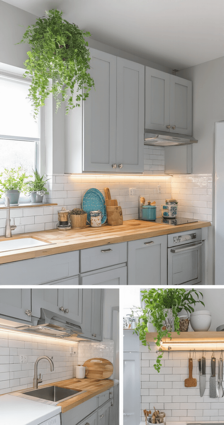 Light Gray Kitchen Cabinets: The Ultimate Modern Design Guide A small, stylish apartment kitchen featuring light gray cabinets, white ceramic subway tiles, butcher block countertops, and brushed nickel hardware, illuminated by natural daylight and under-cabinet LED strips, with colorful dishware displays, hanging plants, and a magnetic knife strip for efficient storage solutions.