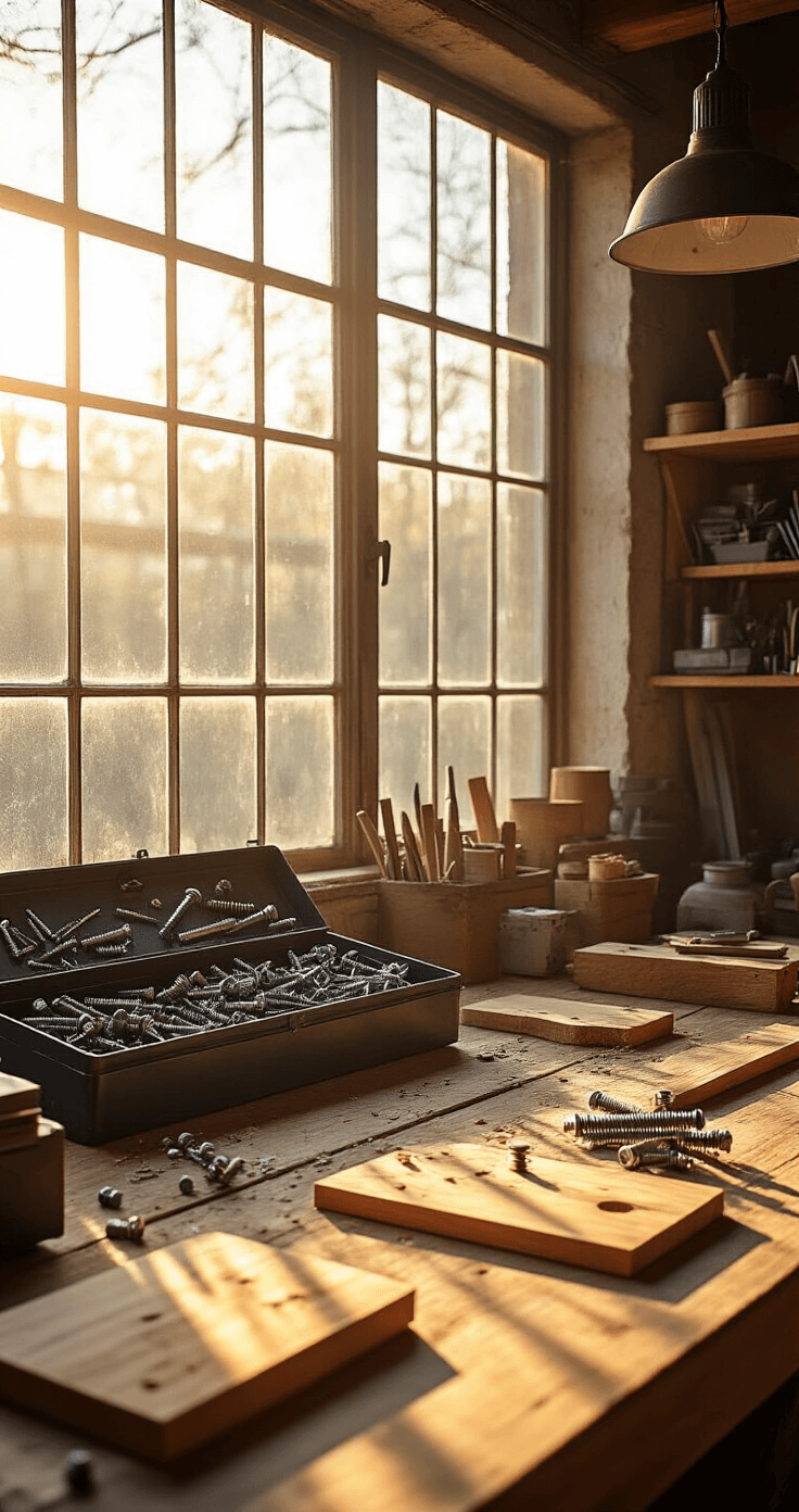 Ultimate Guide to Understanding Screw Types: Your Complete Reference Photorealistic workshop interior with golden afternoon light illuminating an oak workbench scattered with failed wood connections. An organized toolbox displays various screws in labeled compartments. The warm tones of the wood contrast with cold metal fasteners, while dust particles float in the sunbeams, highlighting the texture of the scene.