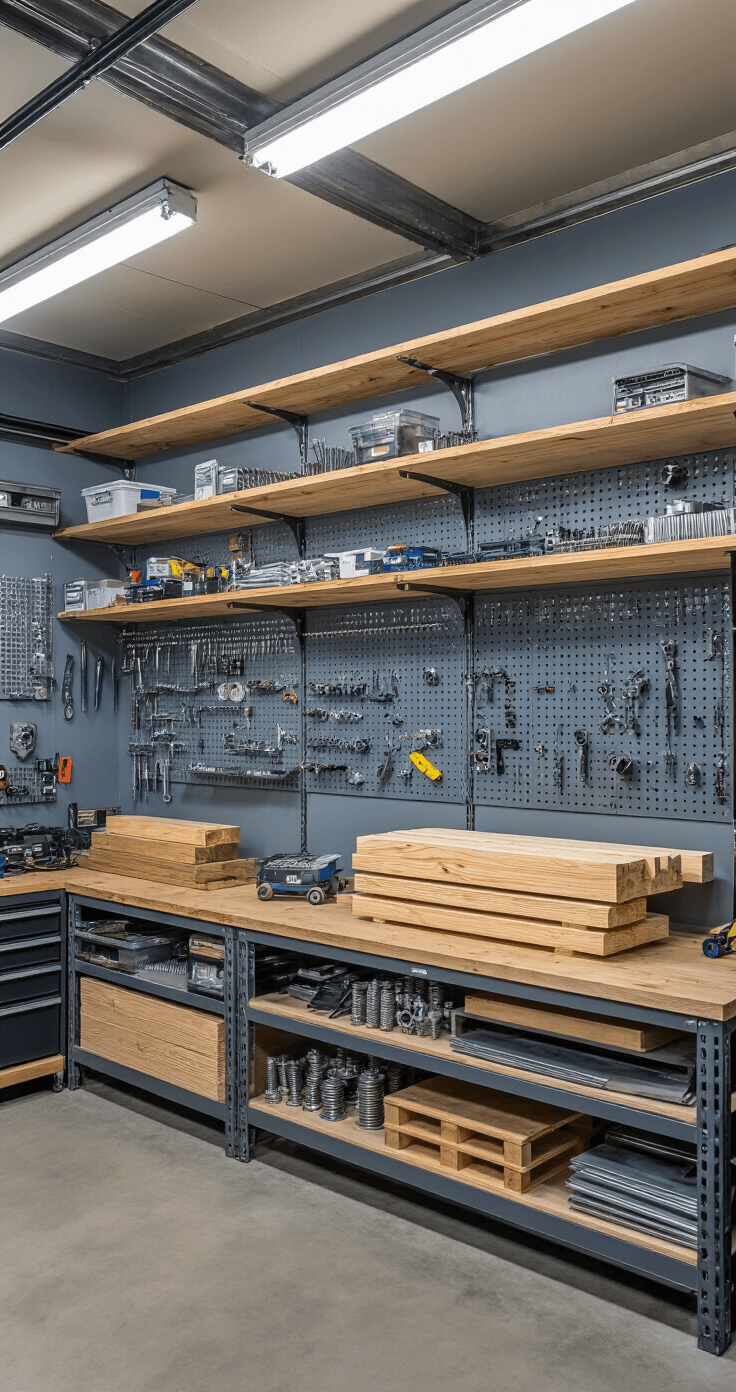 Ultimate Guide to Understanding Screw Types: Your Complete Reference Spacious garage workshop showcasing organized screw categories on a pegboard wall, illuminated by overhead fluorescent lights; features wood screws near pine lumber, machine screws with electronic components, and sheet metal screws beside aluminum pieces, all set in a cool blue-gray environment with warm wood accents.