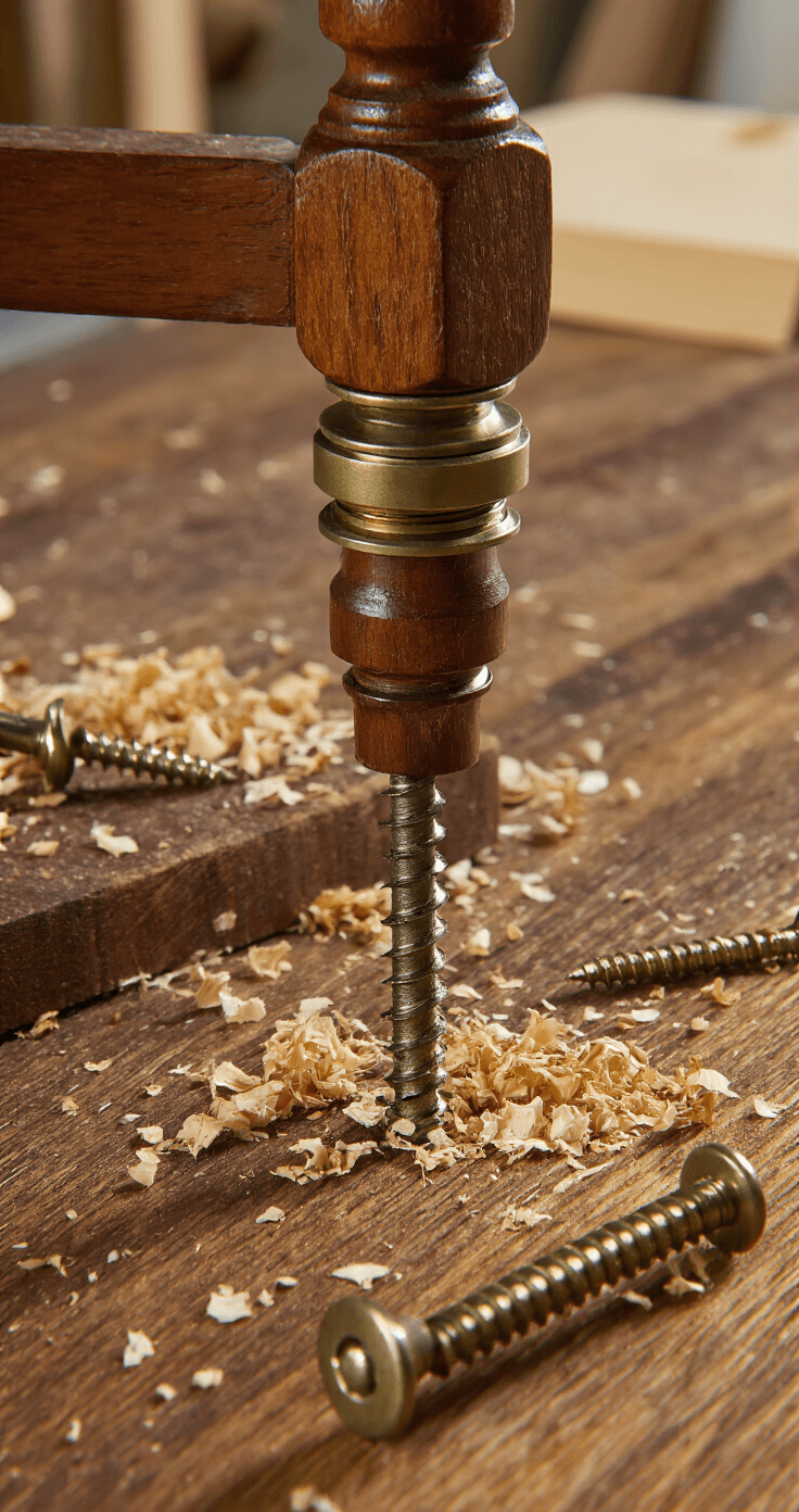 Ultimate Guide to Understanding Screw Types: Your Complete Reference A cozy woodworking shop scene focusing on a mahogany dining chair being assembled with aggressive-threaded screws and warm LED task lighting. Wood shavings cover a butcher-block surface, surrounded by rich earth tones and gleaming brass hardware. A close-up captures the detail of screw installation, highlighting wood grain texture and metal threading under dramatic side lighting.