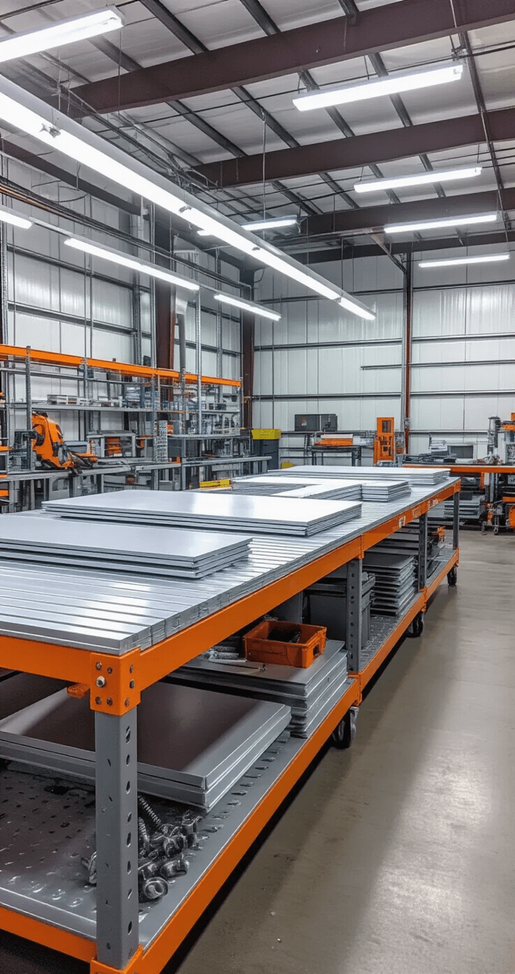 Ultimate Guide to Understanding Screw Types: Your Complete Reference Industrial fabrication shop scene showcasing the versatility of self-tapping screws on aluminum sheets and plastic panels, with pneumatic drivers and metal shears on a rolling cart, illuminated by high-bay lighting, in a silver-gray and safety orange color scheme.