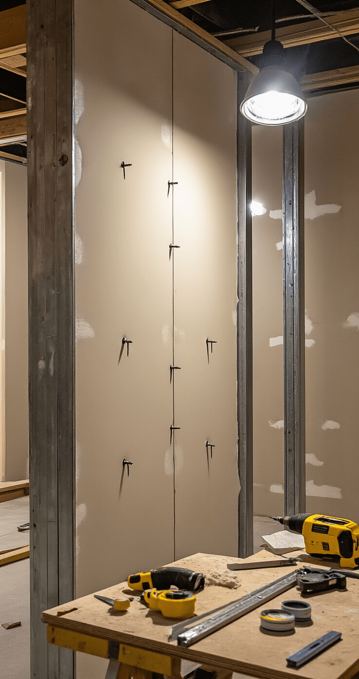 Ultimate Guide to Understanding Screw Types: Your Complete Reference Interior view of a construction site focused on drywall screw installation, featuring framed wall sections, portable work lights creating dramatic shadows, sharp-pointed screws, and scattered tools including screw guns and joint compound on sawhorses. The neutral beige-white palette is accented by yellow safety equipment, with an emphasis on screw head profiles and wall textures from the installer's perspective.