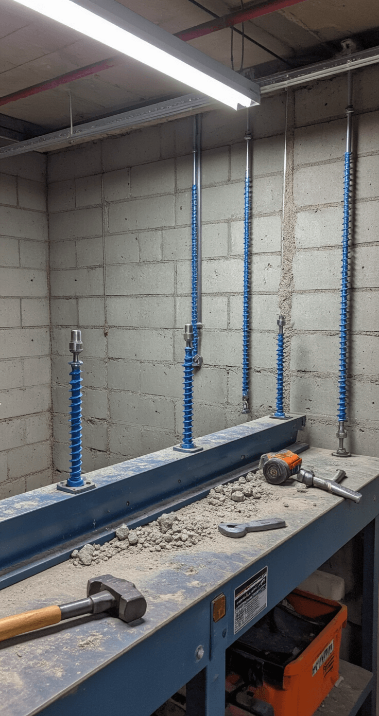 Ultimate Guide to Understanding Screw Types: Your Complete Reference Heavy-duty workshop basement with concrete walls, featuring blue-coated screws anchoring metal brackets under harsh fluorescent lighting. Dust particles visible in the air, with a power hammer and masonry bits on a steel workbench. A low-angle view highlights screws penetrating concrete, showcasing material contrast and anchoring strength.