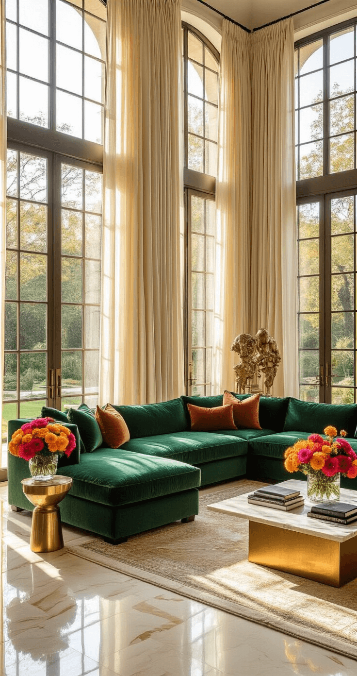 15+ Full Sun Annuals That Will Transform Your Garden into a Colorful Paradise Luxurious living room with floor-to-ceiling windows, emerald velvet sectional, brass accent tables, and vibrant zinnias in glass vases, all illuminated by golden afternoon sunlight.