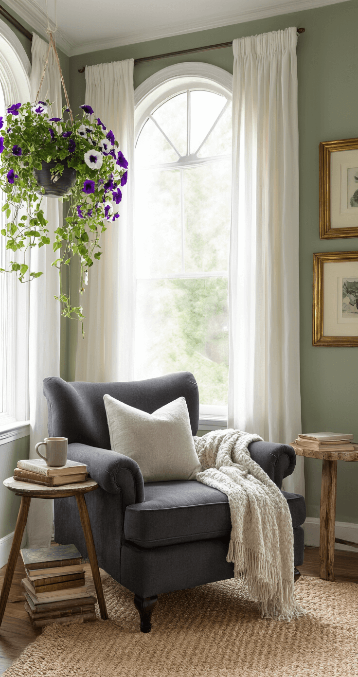 15+ Full Sun Annuals That Will Transform Your Garden into a Colorful Paradise A cozy reading nook featuring a plush charcoal chair beside tall arched windows, illuminated by morning light. Sheer white curtains frame the window, highlighting cascading petunias in hanging planters. A weathered oak side table holds a ceramic mug and vintage books, with a soft mohair throw draped over the chair. The sage green walls adorned with brass picture frames add to the intimate atmosphere, complemented by a jute rug.