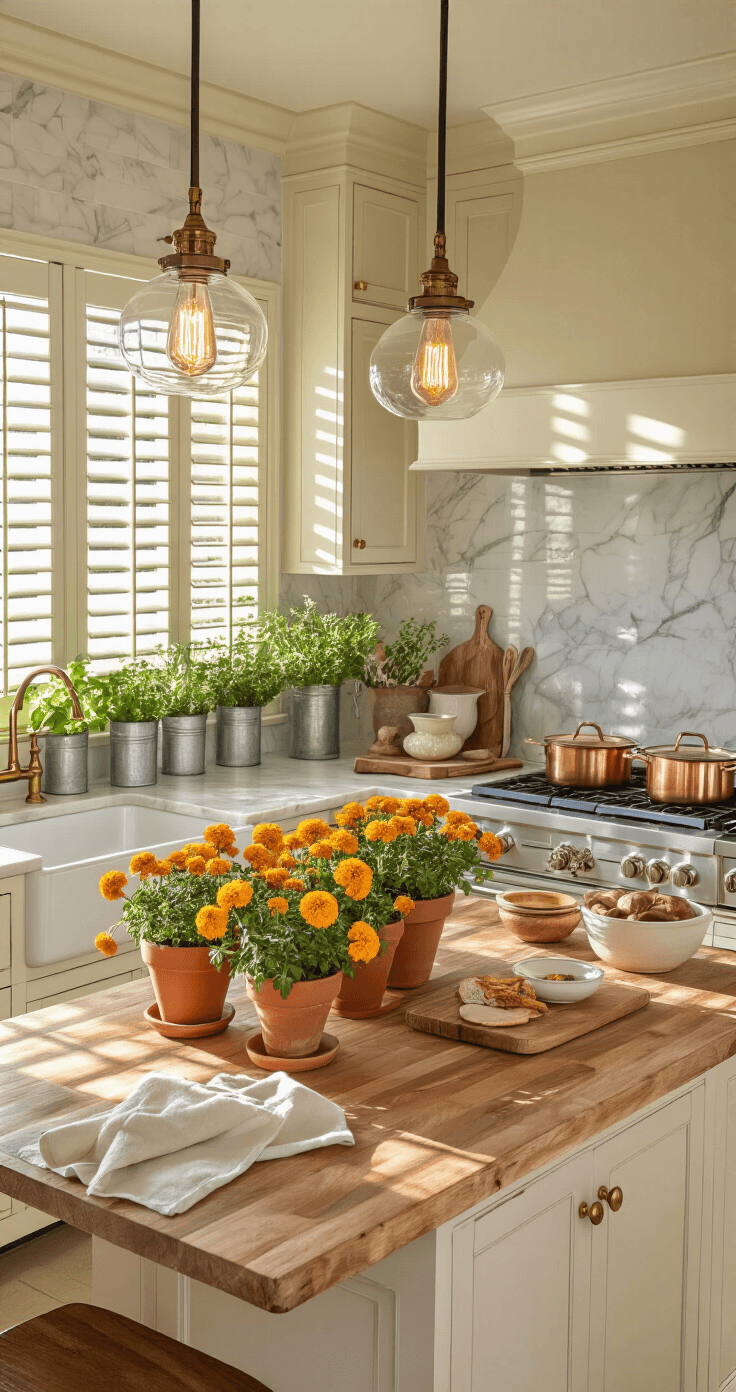 15+ Full Sun Annuals That Will Transform Your Garden into a Colorful Paradise Overhead view of a spacious kitchen island with butcher block countertops, terracotta pots of golden marigolds, warm Edison bulb lighting, marble backsplash, copper cookware, cream cabinetry with brass hardware, galvanized metal containers of fresh herbs on the windowsill, and natural linen tea towels, accented by late afternoon light casting geometric shadows on limestone floors.