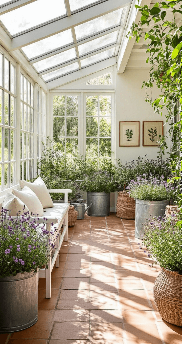 15+ Full Sun Annuals That Will Transform Your Garden into a Colorful Paradise Wide shot of a sunlit conservatory with glass walls, white steel framework, and drought-resistant plants in zinc planters. It features wooden benches with cushions, terracotta tiles, rattan accessories, climbing vines, and botanical prints on the walls.