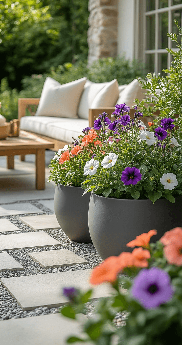 15+ Full Sun Annuals That Will Transform Your Garden into a Colorful Paradise Close-up of an elegant container garden on a limestone patio featuring matte charcoal ceramic planters with colorful calibrachoa and angelonia flowers. Teak furniture with cream cushions, geometric concrete pavers, and gravel borders enhance the sophisticated space, accented by brass garden tools and linen plant markers, all illuminated by soft morning light.