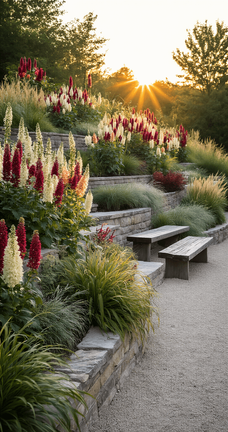 15+ Full Sun Annuals That Will Transform Your Garden into a Colorful Paradise Sweeping landscape of tiered garden beds with tall cleome and celosia against stone walls, backlit by golden hour light, featuring decomposed granite pathways and weathered wood benches, with ornamental grasses and silvery artemisia.