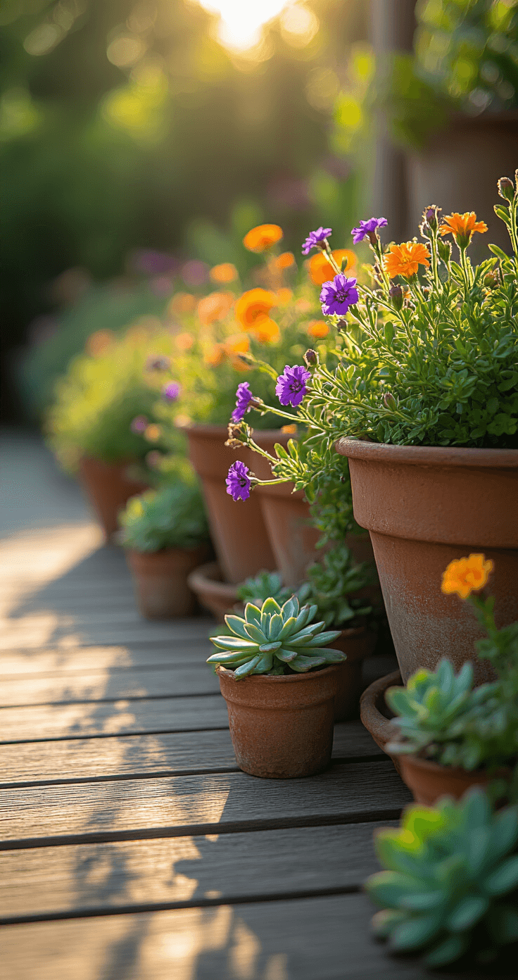 15+ Full Sun Annuals That Will Transform Your Garden into a Colorful Paradise Macro shot of trailing verbena and portulaca spilling from aged terra cotta pots on a rustic wooden deck, with warm sunlight highlighting colorful flowers and succulent leaves, and galvanized metal accents in the background.
