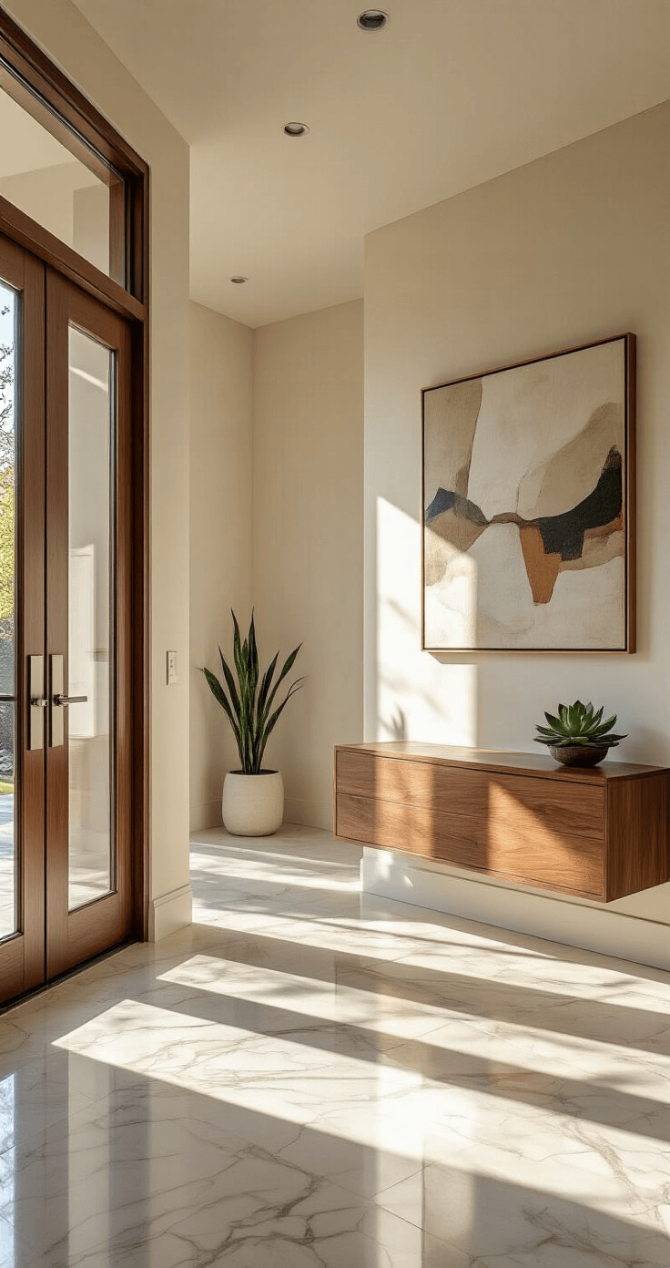 Photorealistic entryway of a sophisticated home featuring modern double glass-panel doors with brushed stainless steel lever handles, polished marble floors, and warm afternoon light creating geometric shadows. The space has 12-foot ceilings, white walls, a floating walnut console, a large abstract painting, and succulents, all shot from a low angle to emphasize design elements.