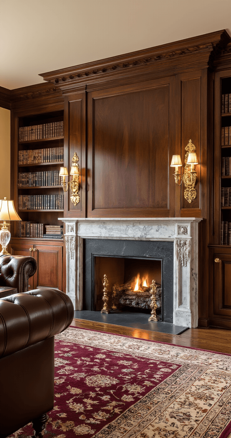 Door Handles: The Ultimate Guide to Choosing the Perfect Style and Function Traditional living room with vintage brass door knobs on mahogany pocket doors, illuminated by golden hour light, featuring a burgundy Persian rug, leather Chesterfield sofa, built-in bookshelves, and a marble fireplace, all accented by ornate brass hardware and crystal table lamps.