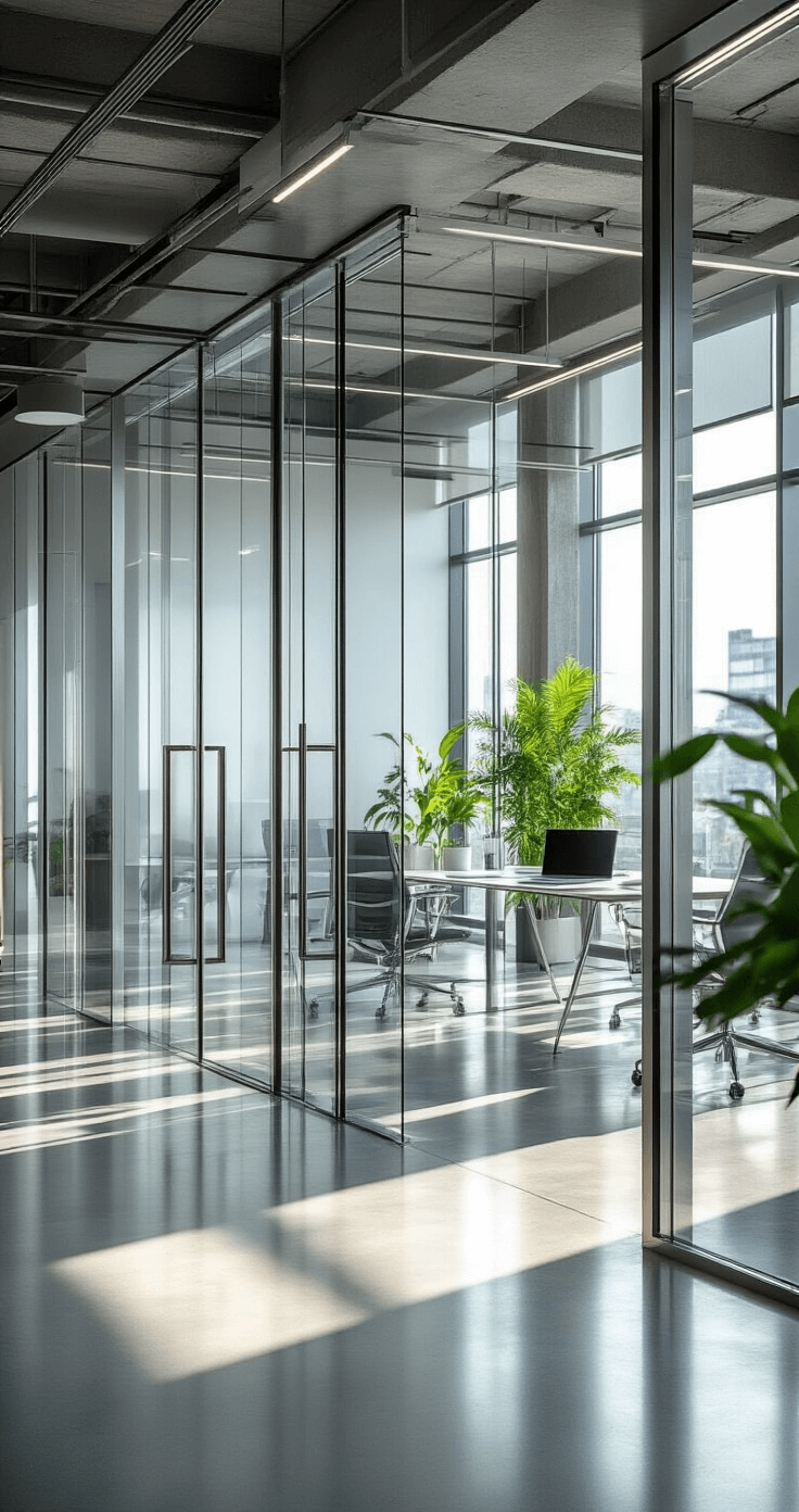 Door Handles: The Ultimate Guide to Choosing the Perfect Style and Function Contemporary office interior with stainless steel pull handles on glass partition doors, bright light illuminating polished concrete floors, modern furniture including a glass conference table, ergonomic chairs, and greenery, showcasing industrial ceiling and open atmosphere.