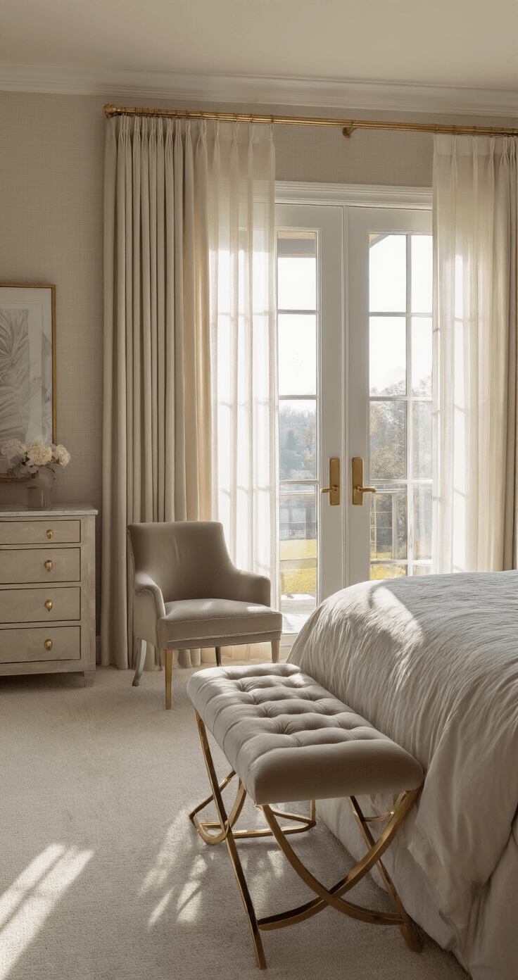 Door Handles: The Ultimate Guide to Choosing the Perfect Style and Function Luxurious master bedroom with king-size upholstered bed, velvet chairs, and marble dresser, featuring brushed gold privacy handles on double doors leading to an ensuite bathroom, softly lit by morning light filtering through sheer curtains, highlighting a sophisticated locking mechanism.