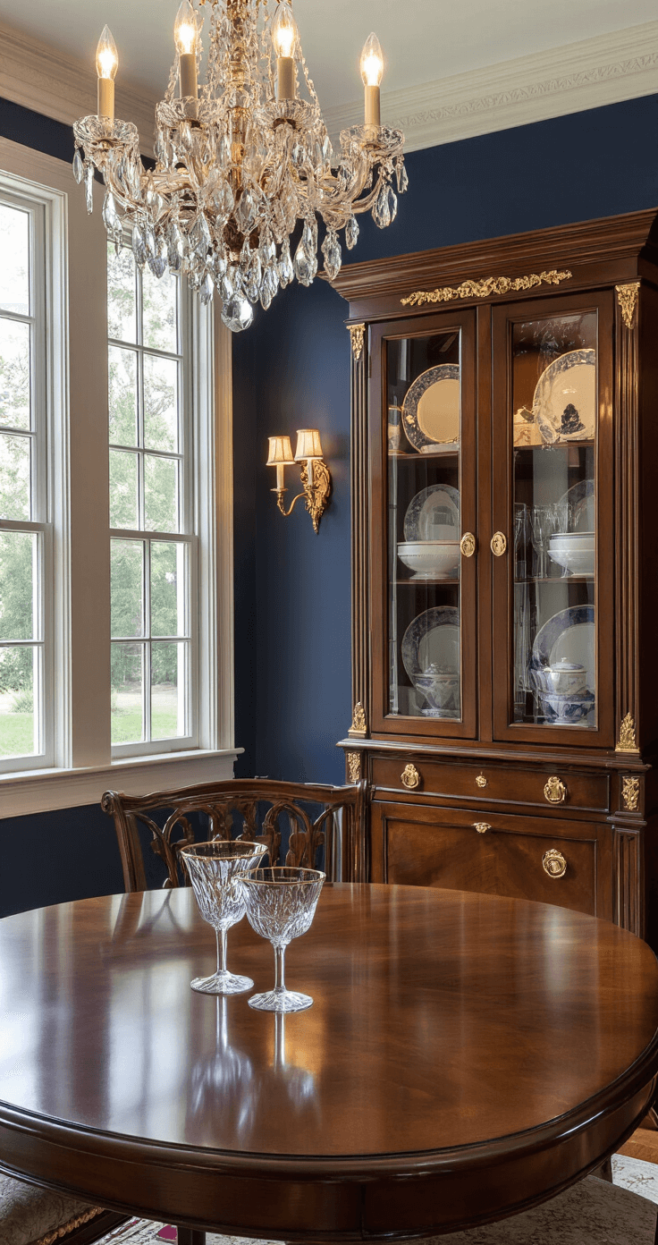 Door Handles: The Ultimate Guide to Choosing the Perfect Style and Function Elegant dining room featuring a mahogany table, upholstered chairs, and a built-in china cabinet with glass doors adorned with decorative antique bronze dummy handles, all bathed in warm evening light from a crystal chandelier against rich navy walls with gold accents.