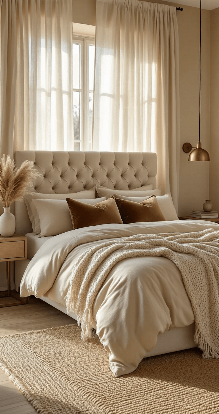 Beige Bedroom Inspiration: Creating a Serene Sanctuary of Sophistication Photorealistic beige bedroom featuring warm sunlight through sheer curtains, a king-size tufted cream bed with neutral bedding, and a jute rug on hardwood floors, creating a serene atmosphere.