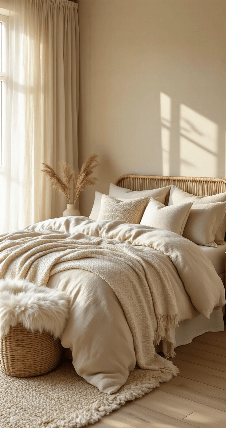 Beige Bedroom Inspiration: Creating a Serene Sanctuary of Sophistication A cozy beige bedroom corner bathed in golden morning light, featuring a champagne beige linen duvet, boucle throw blanket, and embroidered cushions. A quilted bedspread edge is visible, alongside a woven basket and rattan accent chair. Natural oak flooring and a sheepskin rug add warmth, while gauze curtains create soft shadows, emphasizing rich textile contrasts.