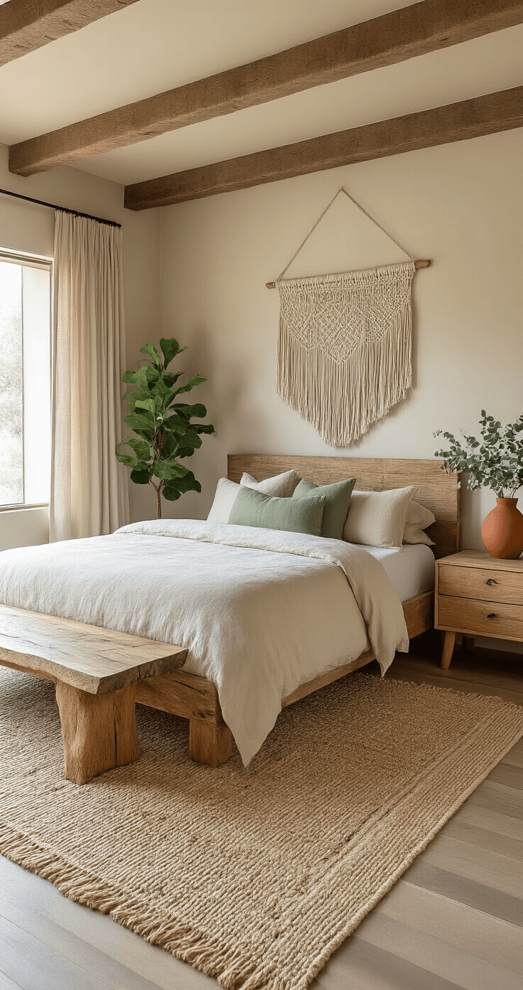 Beige Bedroom Inspiration: Creating a Serene Sanctuary of Sophistication A sophisticated beige bedroom featuring organic elements, including a reclaimed wood platform bed, live-edge nightstand, and jute area rug with geometric pattern, adorned with linen curtains, a macrame wall hanging, and a potted fiddle leaf fig. Accent details include a sage green pillow and a terracotta lamp, set against exposed wooden ceiling beams and warm putty plaster walls, captured in natural daylight.