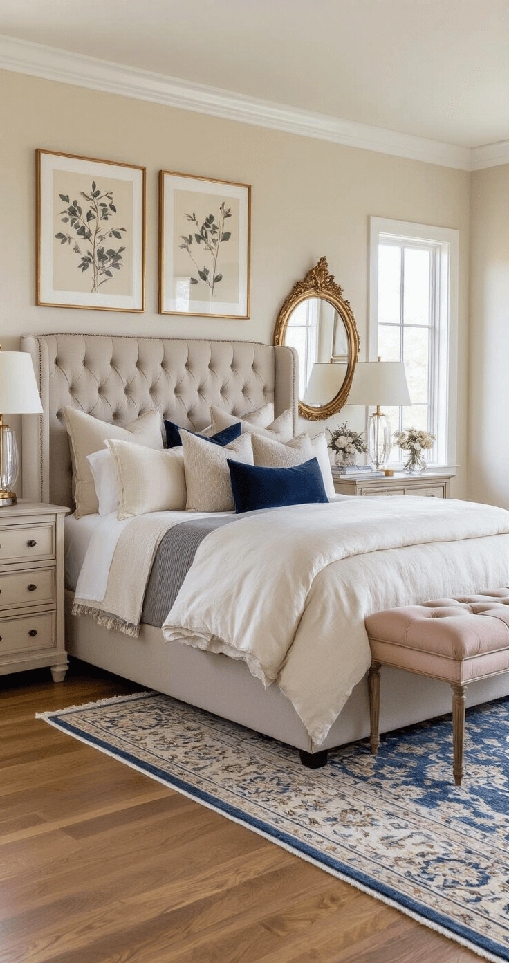 Beige Bedroom Inspiration: Creating a Serene Sanctuary of Sophistication Elegant beige bedroom featuring a dove gray upholstered headboard, ivory and stone bedding, a navy blue throw pillow, and a soft blush accent chair. Olive-toned botanical prints adorn the walls, complemented by a brass mirror and a crystal table lamp atop a marble-topped dresser. The honey-toned hardwood floors are covered by a muted blue Persian-inspired rug, all bathed in warm golden light from the late afternoon sun, reflecting a refined transitional style.