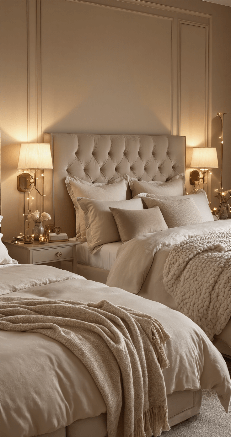 Beige Bedroom Inspiration: Creating a Serene Sanctuary of Sophistication Cozy beige bedroom featuring layered shades from cream to mushroom, dimmable warm LED sconces, a linen shade floor lamp, and ambient string lights, complemented by a velvet headboard, silk pillowcase, and cashmere throw, adorned with metallic gold accents and decorative mirrors reflecting soft evening light, creating an intimate and romantic atmosphere.