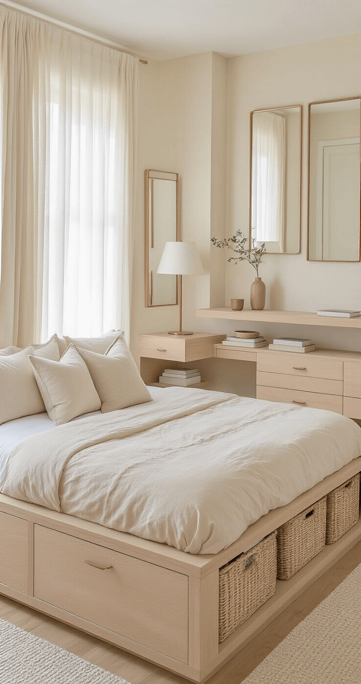 Beige Bedroom Inspiration: Creating a Serene Sanctuary of Sophistication Compact beige bedroom featuring light champagne walls, a low-profile platform bed, floating bleached oak nightstands, and vertical storage. The design includes slim table lamps, mirrors for expanded visual space, under-bed storage baskets, and sheer curtains for natural light. The neutral color palette creates a bright and airy atmosphere in an efficient layout.