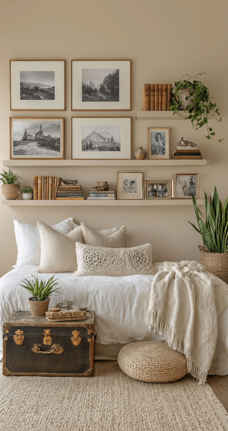 Beige Bedroom Inspiration: Creating a Serene Sanctuary of Sophistication A cozy beige bedroom featuring a gallery wall of black-and-white photography, vintage books on floating shelves, travel souvenirs, and potted plants like snake plant and pothos. The space includes family photos in brass frames, ceramics from personal collections, and a vintage trunk used as a bench. The soft morning light enhances the homey atmosphere filled with textiles that tell stories and curated imperfections.