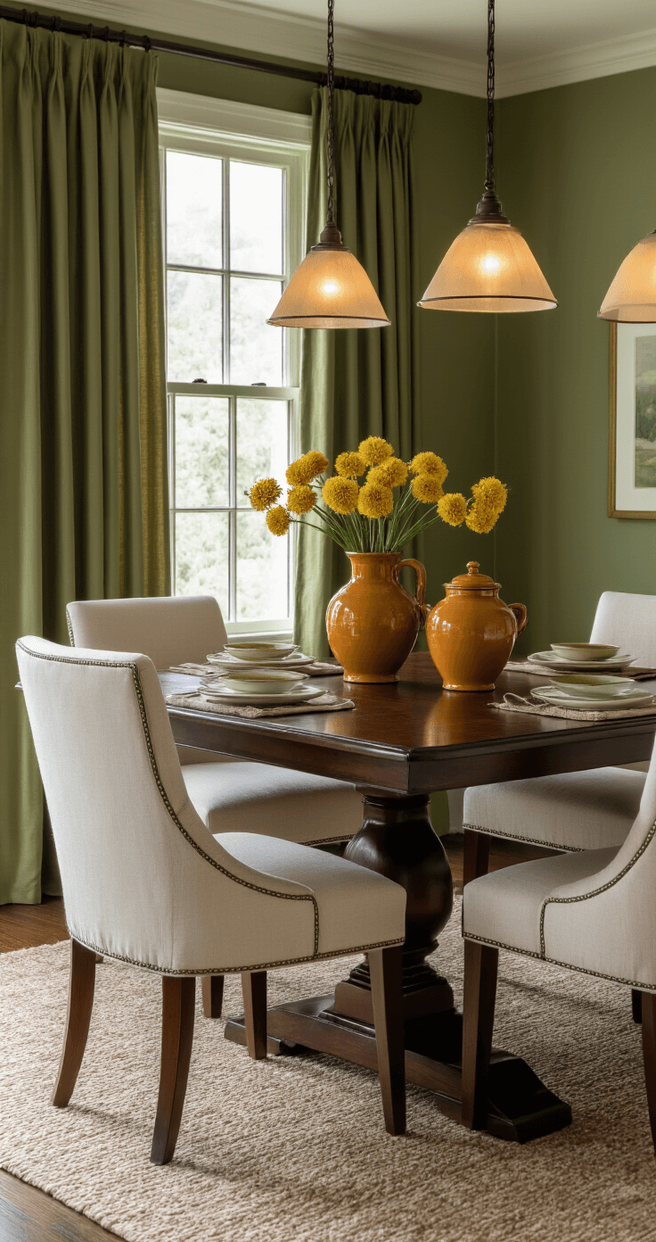 Colors That Perfectly Complement Dark Brown: A Comprehensive Style Guide Elegant dining room with a dark mahogany table, cream upholstered chairs, sage green accent wall, olive green curtains, terracotta serving pieces, and mustard yellow flowers, captured from a corner angle to highlight rich textures and color harmony.