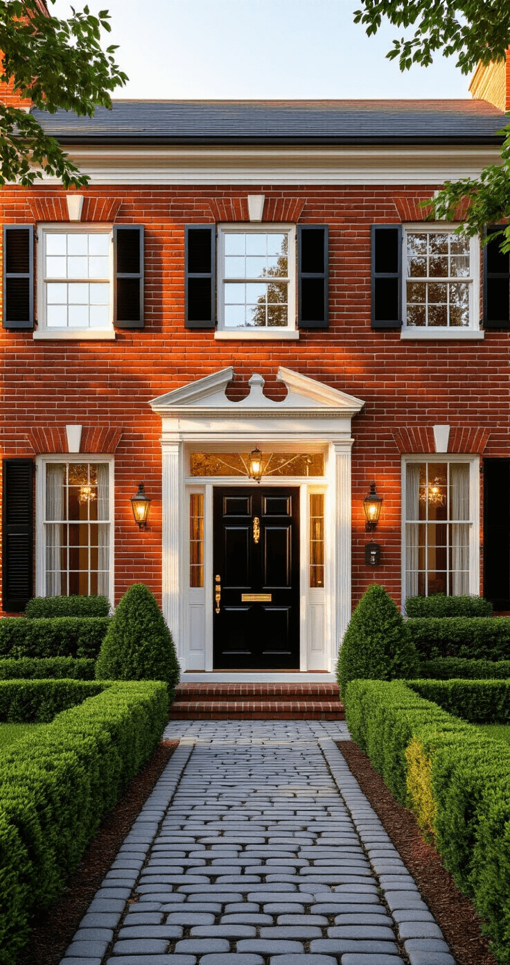 14 Best Front Door Paint Colors for Brick Homes: Expert Design Guide Photorealistic image of a red brick Colonial home at golden hour, featuring a glossy black front door with brass hardware, symmetrical white-trimmed windows, and manicured boxwood shrubs along a cobblestone walkway, captured from a low angle to emphasize its architectural details and grandeur.