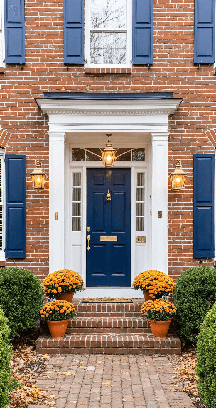14 Best Front Door Paint Colors for Brick Homes: Expert Design Guide Wide angle view of a traditional brick home with a navy blue door, surrounded by a weathered orange-red brick facade and white colonial trim. Soft ambient light from brass lanterns and autumn mums in terracotta planters enhance the welcoming entrance, framed by mature oak trees under an overcast sky.
