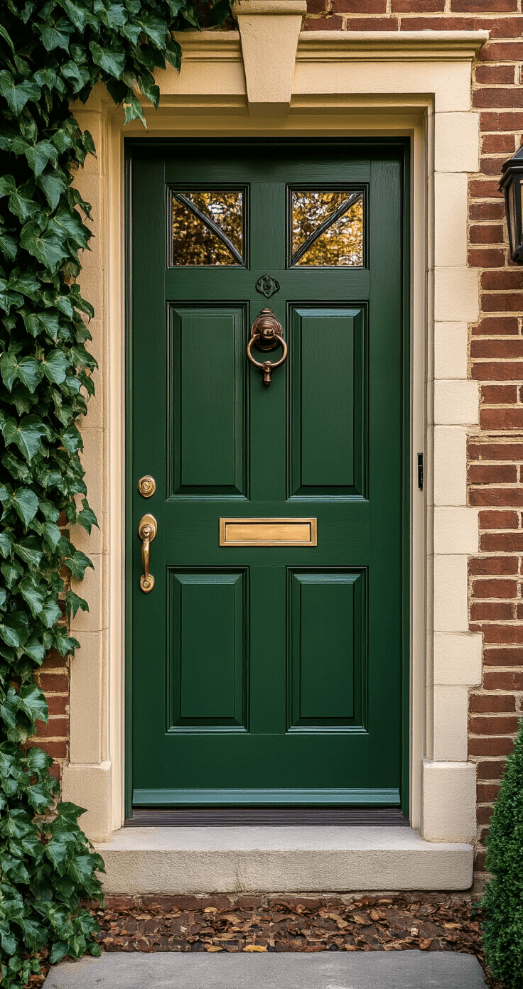 14 Best Front Door Paint Colors for Brick Homes: Expert Design Guide Close-up angled view of a hunter green front door on an English Tudor brick home, showcasing a rich paint finish and antique bronze details, framed by climbing ivy in soft morning light.
