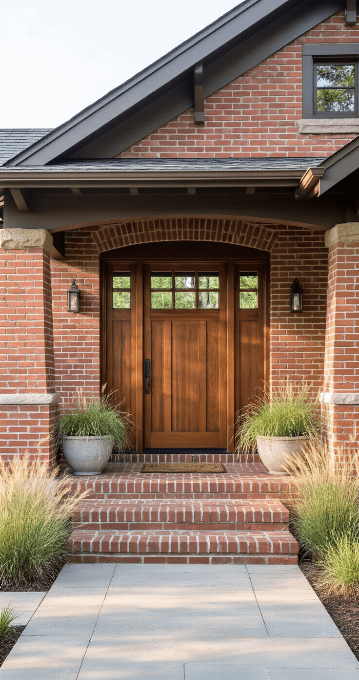 14 Best Front Door Paint Colors for Brick Homes: Expert Design Guide Exterior view of a craftsman brick bungalow with a rich mahogany door, illuminated by late afternoon sunlight, featuring oil-rubbed bronze hardware, surrounded by stone planters filled with native grasses, captured at a low angle to emphasize inviting proportions and natural materials.
