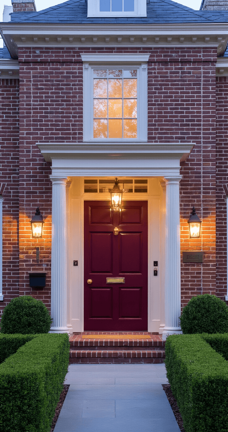 14 Best Front Door Paint Colors for Brick Homes: Expert Design Guide Front elevation of a Georgian brick home featuring a burgundy door, buff-colored limestone, polished brass hardware, and a formal landscape with trimmed hedges, captured during blue hour twilight.