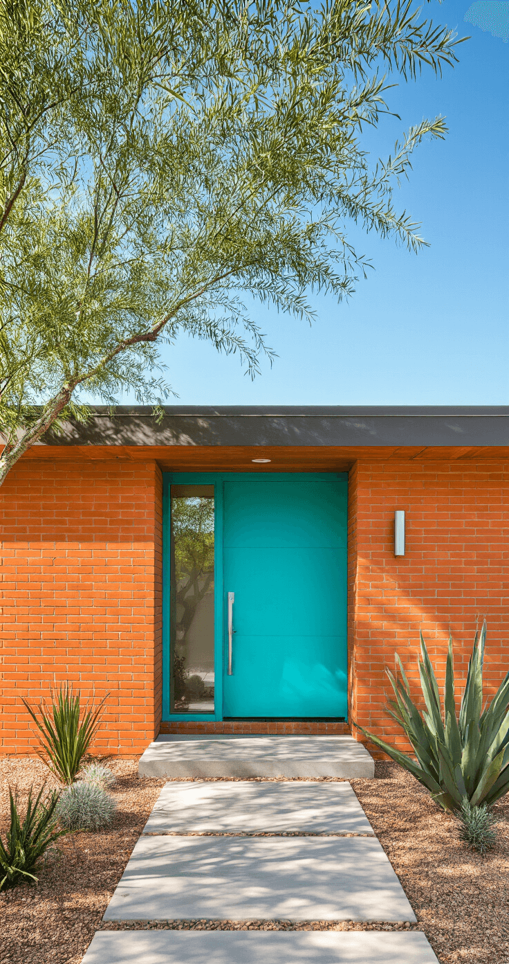 14 Best Front Door Paint Colors for Brick Homes: Expert Design Guide Contemporary mid-century brick ranch featuring a Galapagos turquoise door, set against a bright midday sun with a clean orange brick facade, bold aqua accents, sleek stainless steel hardware, and desert landscaping.