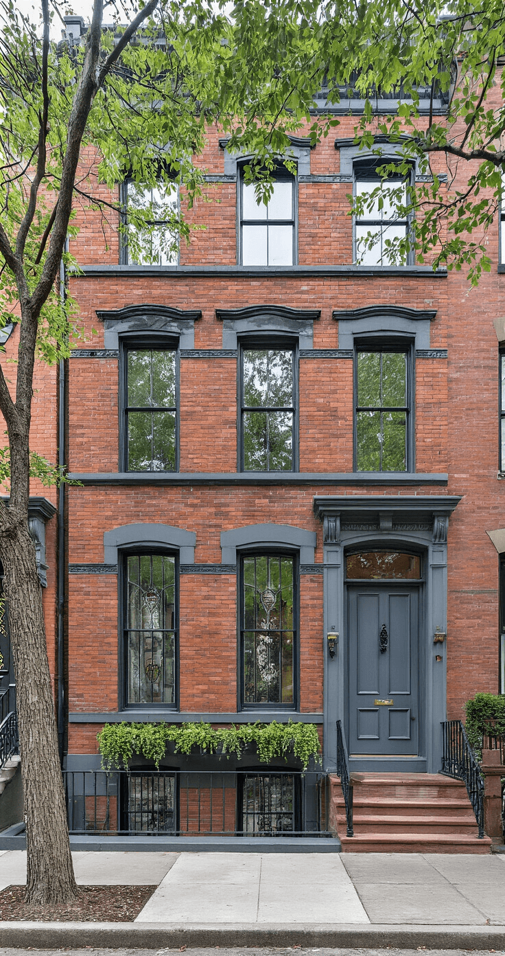 14 Best Front Door Paint Colors for Brick Homes: Expert Design Guide Architectural exterior of a Victorian brick townhouse with a slate gray door, showcasing charcoal gray accents and multi-toned historic brick, under moody overcast skies. Black iron hardware and decorative glass panels adorn the door, amidst an urban streetscape with mature trees. The photo captures the townhouse from sidewalk level, emphasizing its vertical proportions.
