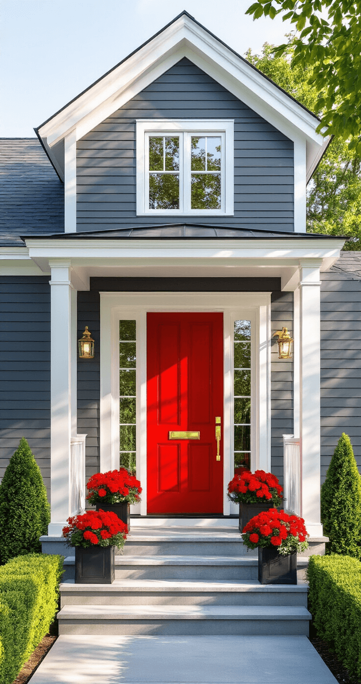 The Ultimate Guide to Front Door Colors for Gray Houses: Transforming Your Home's Curb Appeal Photorealistic exterior view of a modern gray house featuring a vibrant red front door, set in warm afternoon sunlight that casts dramatic shadows, with charcoal gray siding, white trim, and immaculate landscaping including boxwood hedges and red geraniums in planters, emphasizing clean geometric lines and inviting atmosphere.