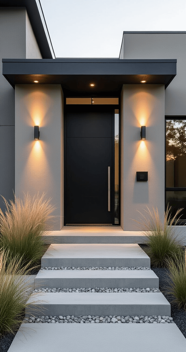 The Ultimate Guide to Front Door Colors for Gray Houses: Transforming Your Home's Curb Appeal Contemporary gray house with a matte black front door, warm greige stucco exterior, minimalist landscaping, and floating concrete entry steps, captured in dramatic late afternoon lighting that highlights the architectural details.
