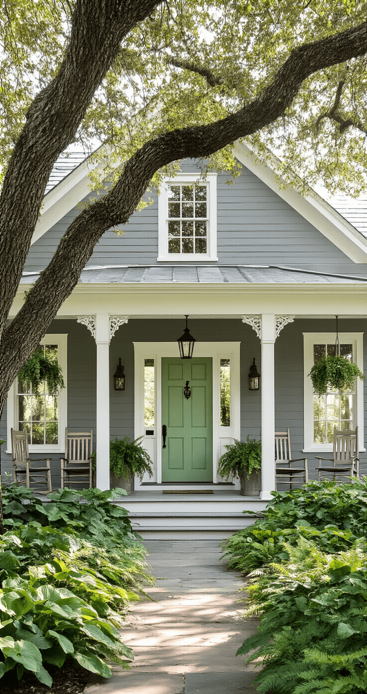 The Ultimate Guide to Front Door Colors for Gray Houses: Transforming Your Home's Curb Appeal A traditional gray farmhouse with a sage green front door surrounded by mature oak trees, featuring horizontal wood siding, white trim, and a wraparound porch with rocking chairs, accented by an antique bronze door handle and vintage milk glass light, set in a peaceful garden.