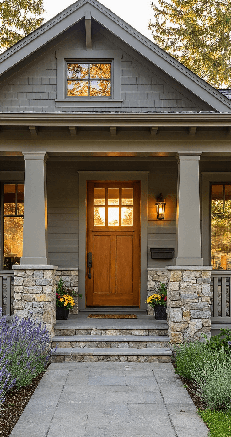 The Ultimate Guide to Front Door Colors for Gray Houses: Transforming Your Home's Curb Appeal Craftsman-style gray bungalow with warm brown front door, golden sunset light illuminating the scene, natural stone foundation, gray lap siding, native plantings including lavender and ornamental sage, oil-rubbed bronze hardware, mission-style light fixtures, rich chocolate brown paint, distinctive tapered porch columns on stone pedestals, built-in planters with seasonal flowers, cozy evening ambiance highlighting Arts and Crafts architecture.