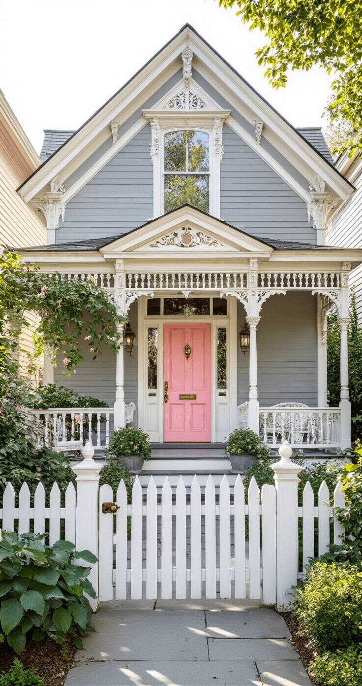 The Ultimate Guide to Front Door Colors for Gray Houses: Transforming Your Home's Curb Appeal Elegant gray Victorian home featuring a soft pink front door, highlighted by morning sunlight. The house has pearl gray painted wood siding with white gingerbread trim, surrounded by a romantic garden with climbing clematis and a white picket gate. It showcases polished brass hardware, beveled glass panels, and ornate porch brackets. A covered veranda with vintage wicker furniture enhances its whimsical charm, all captured from an elevated angle in clear daylight.