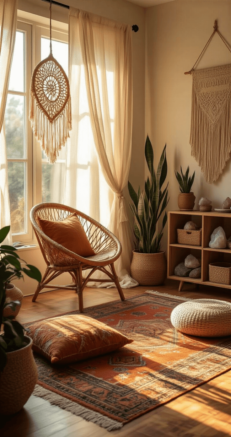 A cozy boho meditation room filled with warm golden light, featuring hardwood floors with Moroccan rugs, a rattan chair, vibrant floor cushions, macrame wall hangings, potted plants, and amber-glowing Himalayan salt lamps.