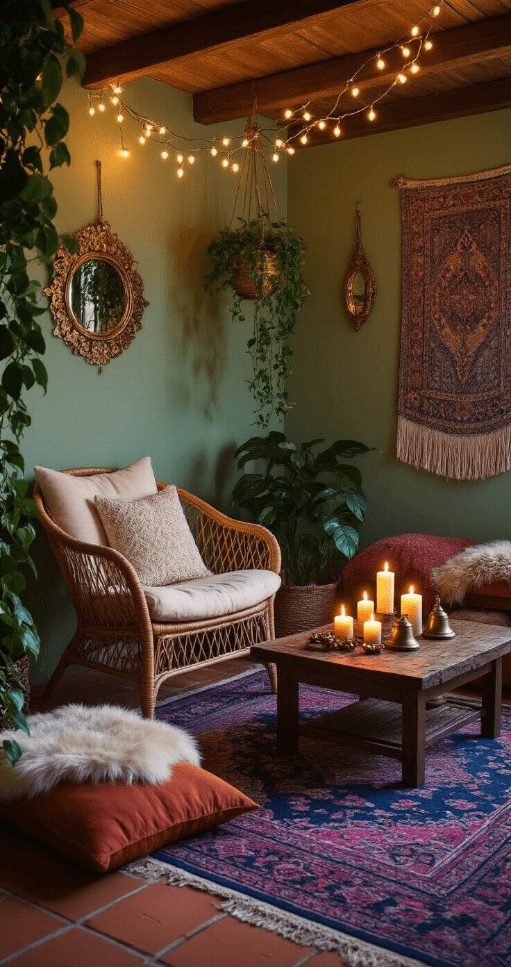 Eye-level shot of a cozy meditation corner at dusk, featuring a vintage rattan chair with cream cushions on layered Persian rugs, illuminated by warm string lights and candlelight, surrounded by faux fur throws, terracotta floor cushions, and lush greenery against sage green textured walls adorned with brass mirrors and woven tapestries.