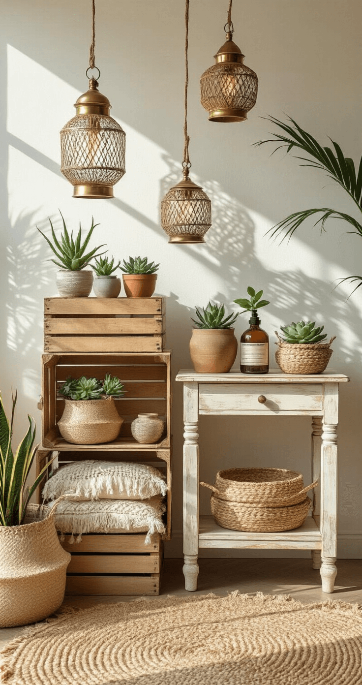 Low-angle shot of a thrift store setup showcasing boho decor with repurposed wooden crates as plant stands for succulents, vintage brass lanterns casting shadows, DIY macrame cushion covers, a painted side table with pottery, and natural textures from woven baskets and raw wood in warm afternoon light.