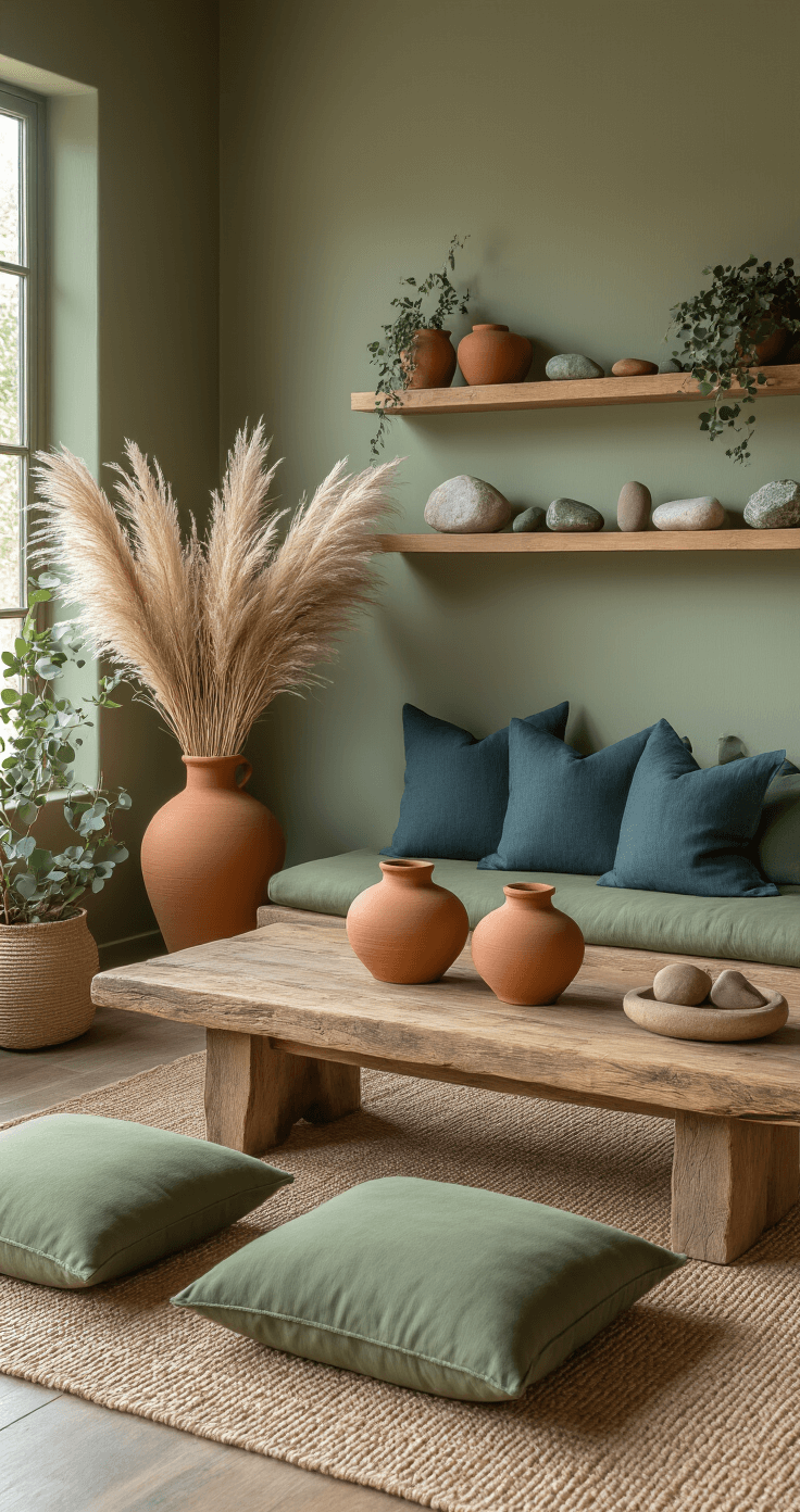 A cozy bohemian living space featuring terracotta pottery with pampas grass and eucalyptus, olive green meditation cushions surrounding a reclaimed wood table, ochre throws, deep blue pillows on jute flooring, sage walls with curated stones and crystals, and plants in neutral ceramic planters, all harmonizing in earthy jewel tones.