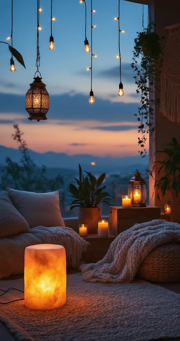 Atmospheric twilight scene featuring layered lighting design, with an amber Himalayan salt lamp on the floor, organic string lights overhead, grouped pillar candles on wooden platforms, and asymmetrically hanging vintage brass lanterns. The warm glow highlights chunky knits, woven wall hangings, and organic cotton cushions, with silhouetted plants enhancing the enchanting ambiance of the space.