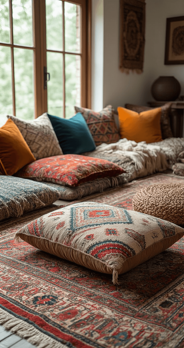 Detail shot of bohemian layering with overlapping Persian, jute, and Moroccan rugs, adorned with an array of cushions in jewel tones and ethnic prints, elegantly arranged throws, and a hand-blocked meditation bolster, all captured at floor level in natural daylight.
