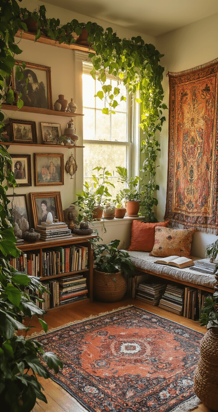 Wide shot of a bohemian sanctuary during golden hour, featuring a meditation altar with crystals, vintage family photos, handmade pottery, cascading ivy, floor plants, vintage scarves as wall tapestries, a cozy reading nook with well-loved books and journals, and mixed patterns that showcase personal travels and treasures.