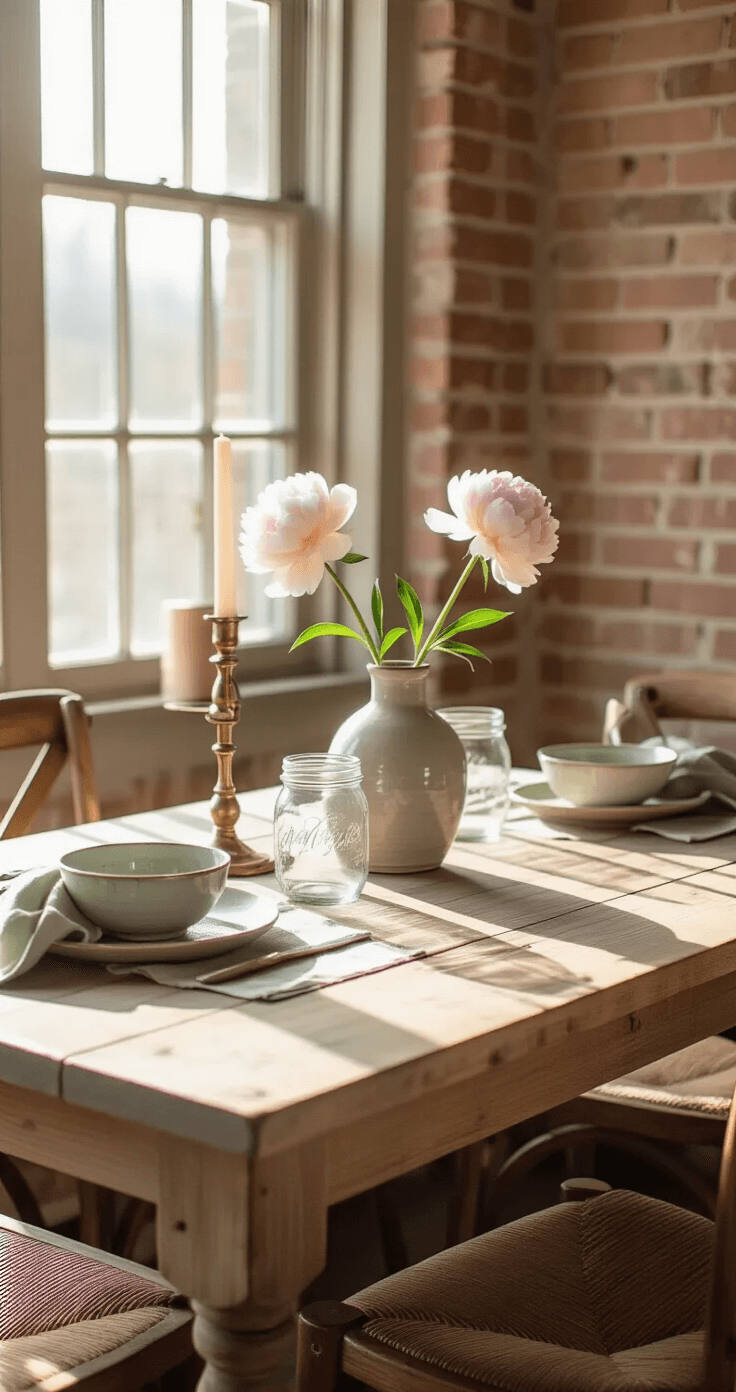 Intimate breakfast nook featuring a rustic pine table and exposed brick wall, adorned with a pale pink peony in a ceramic vase, vintage brass candlesticks, sage green linen napkins, weathered wood chairs, mason jar glasses, and artisanal pottery bowls, illuminated by soft morning light.