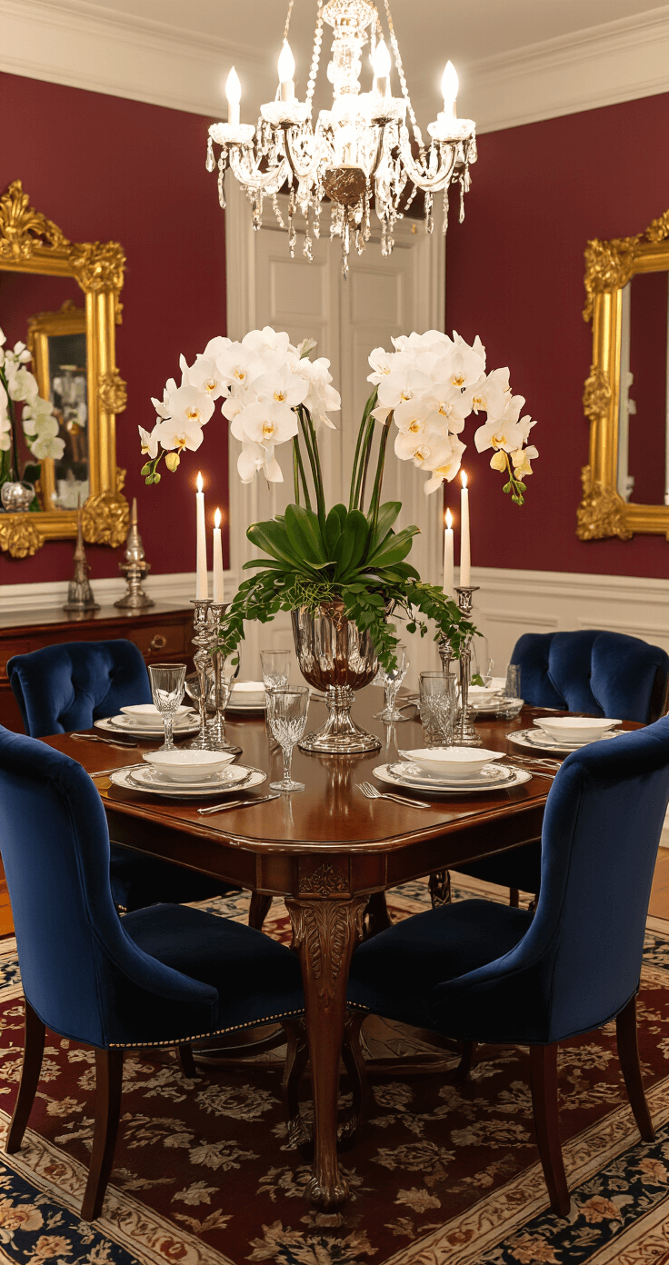 Elegant dining room with a mahogany table set for an evening dinner party, featuring fine china and crystal. A dramatic trumpet vase overflowing with white orchids and eucalyptus serves as a centerpiece, flanked by silver candelabras. The rich burgundy walls, gold-framed mirrors, and deep navy velvet dining chairs enhance the luxurious ambiance, complemented by a warm chandelier glow.